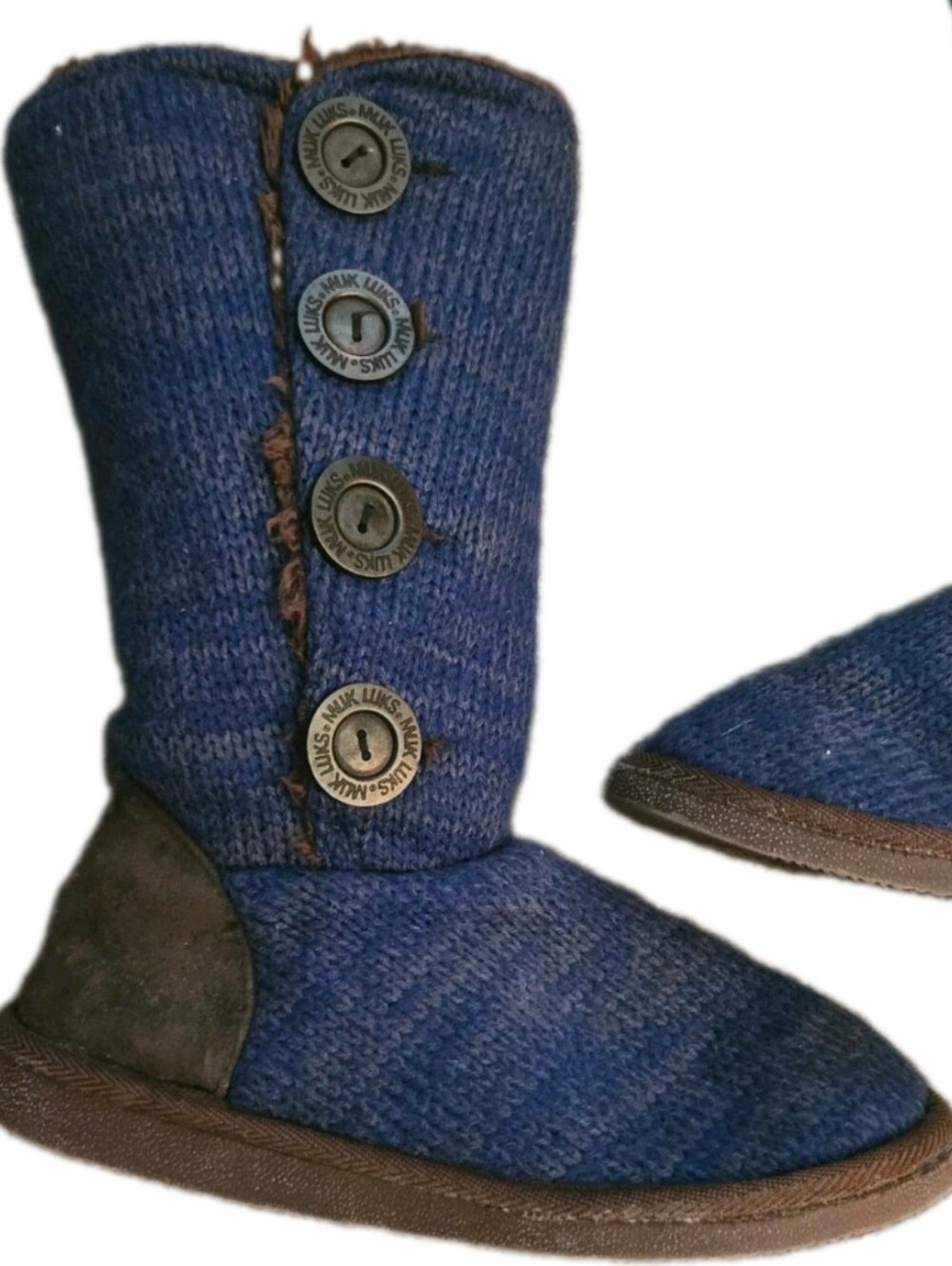MUK LUKS Women’s 7 Blue Knit Sweater Boots 4-Button Marled Booties EXCELLENT